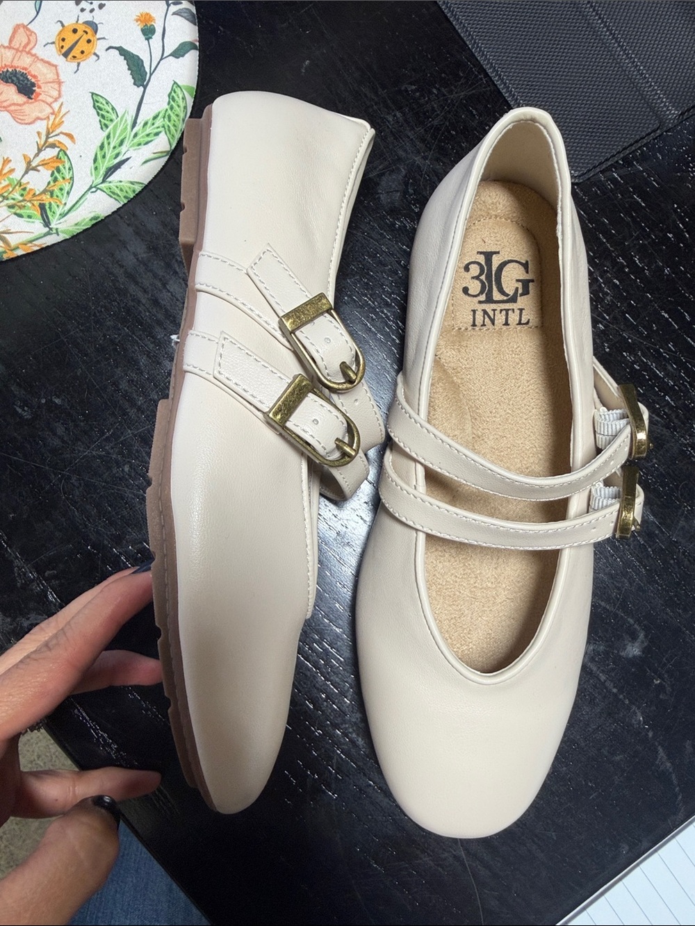 Ivory Double-Strap Mary Jane Flats with Gold Buckles